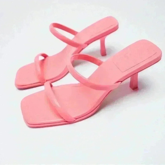Zara Pink Strappy Leather Kitten Heel Sandals Size 10 - Picture 1 of 14